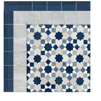 Mosaic House Moroccan tile Tarceeh Custom BN Board 1-15-2-17-20 White Cobalt Blue Light Blue Sky blue Sea Blue  zellige, mosaic, zellij, field, pattern, glaze, stars, intricate, classic, traditional 